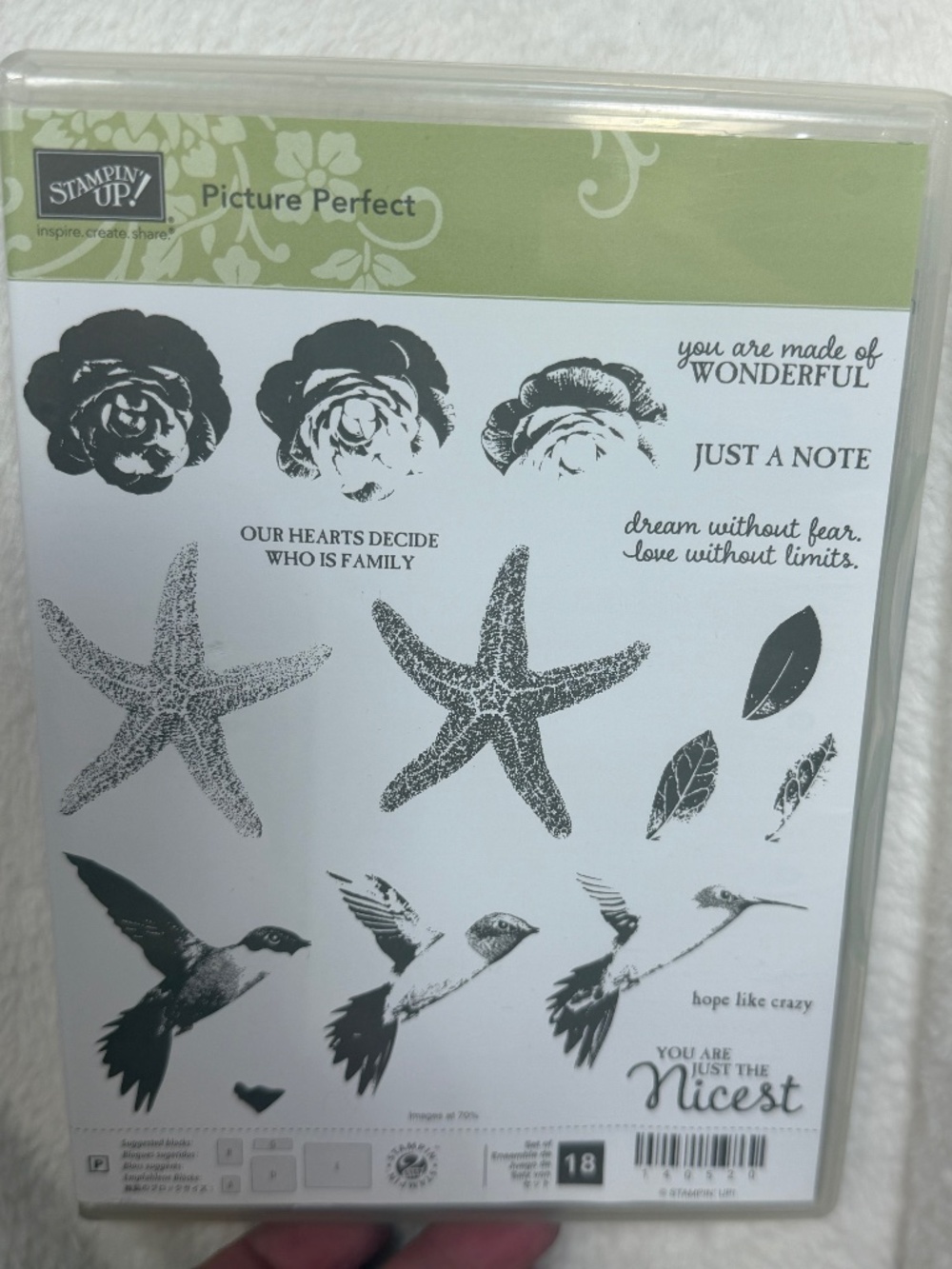 Stampin Up Picture Perfect set of 18 stamp Hummingbird Starfish Dream w/out Fear